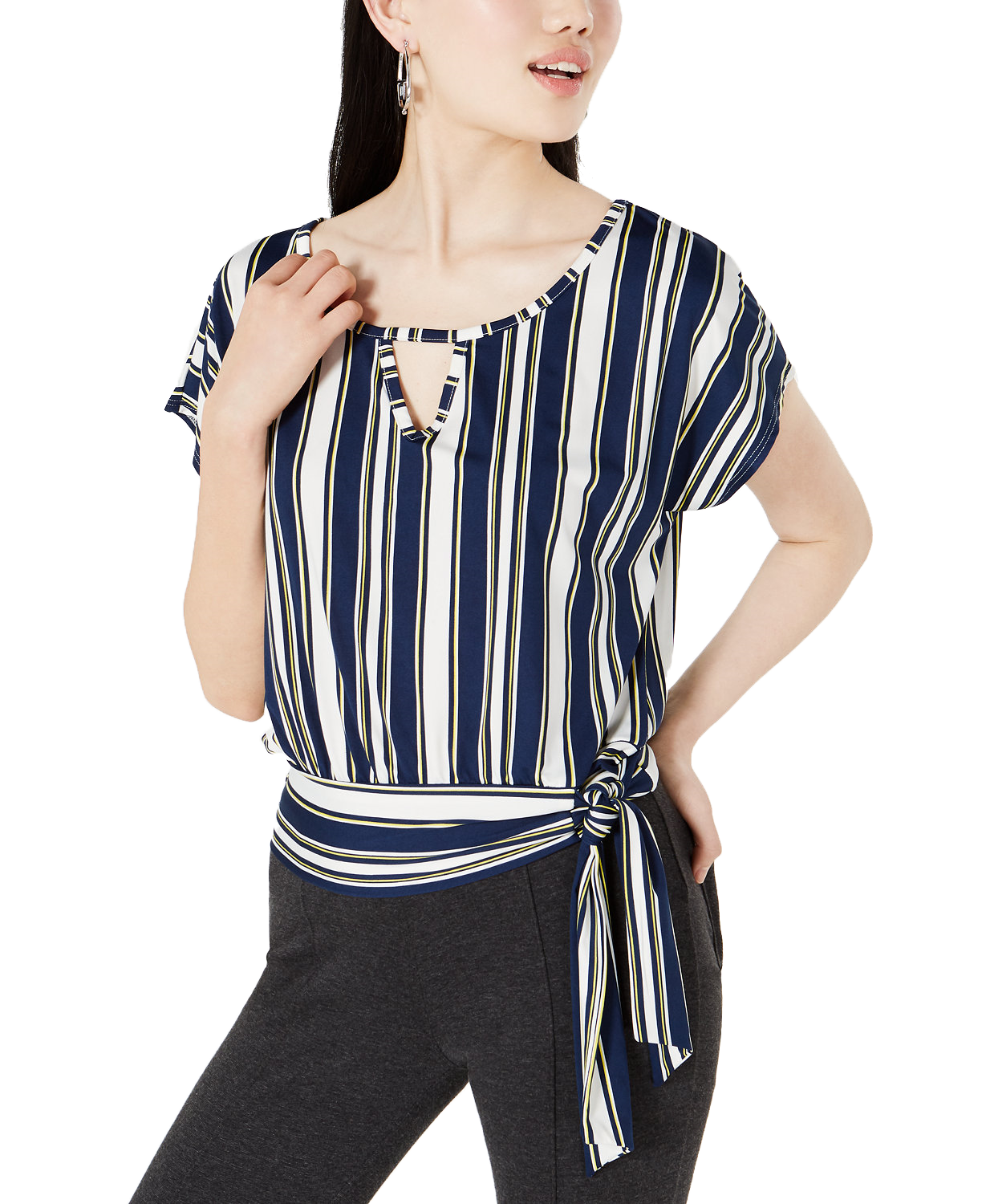 BCX Women Striped Tie Front Top Black Stripe