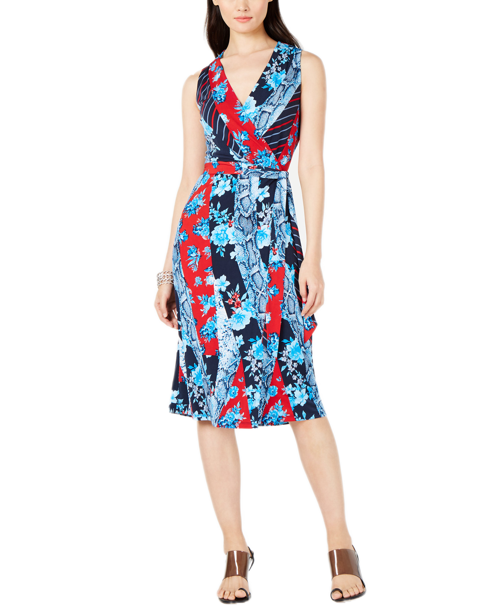 INC International Concepts Women Petite Patchwork Wrap Midi Dress Broken Flowers