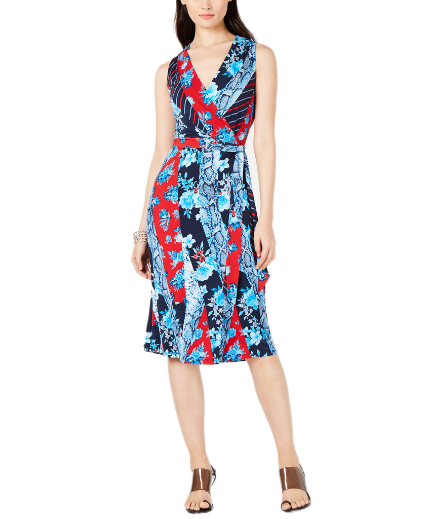 INC International Concepts Women Petite Patchwork Wrap Midi Dress Broken Flowers