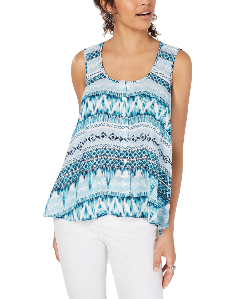 Style & Co Women Petite Printed Swing Tank Top Atlantic Ikat Blue