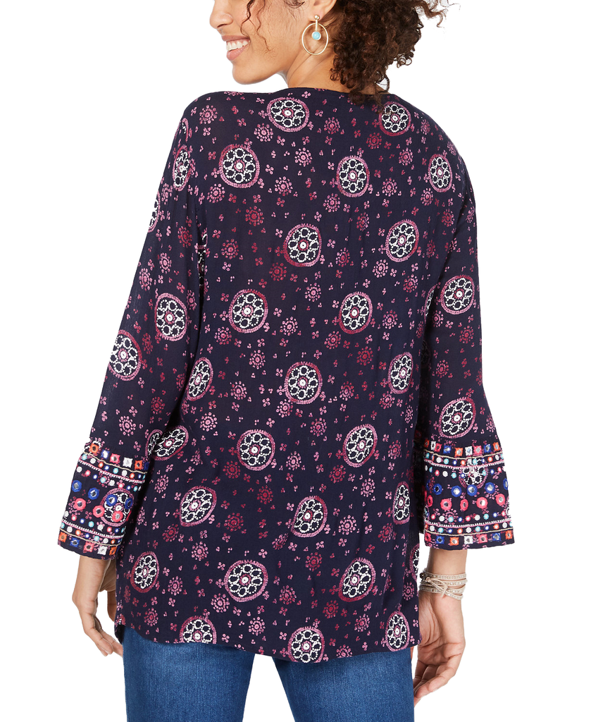 Style & Co Women Printed Pintucked Bell Sleeve Top