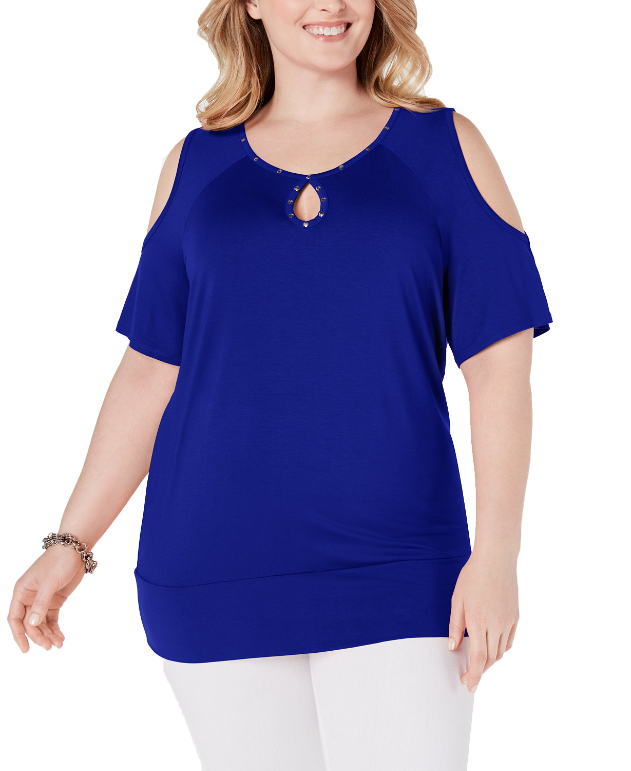 JM Collection Women Plus Studded Cold Shoulder Top Blue Steel