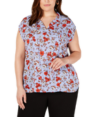 Bar III Women Plus Trendy Floral Print Tie Neck Top Hydrangea Multi