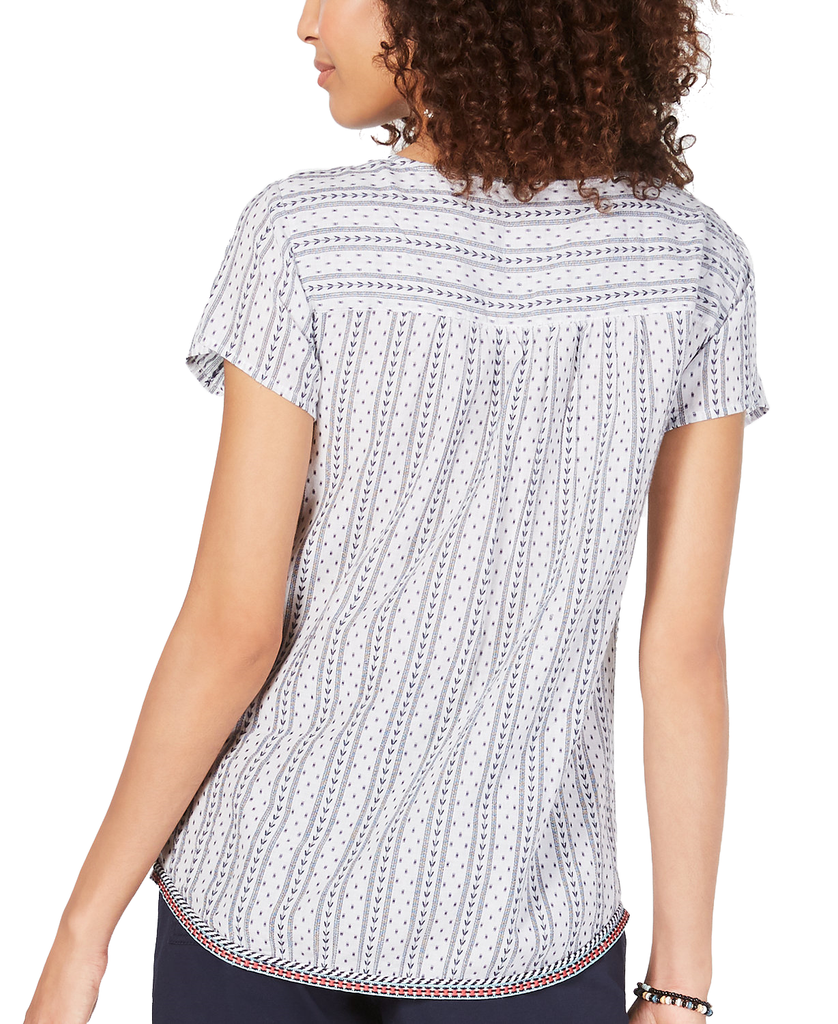 Style & Co Women Cotton Striped Trim Peasant Top