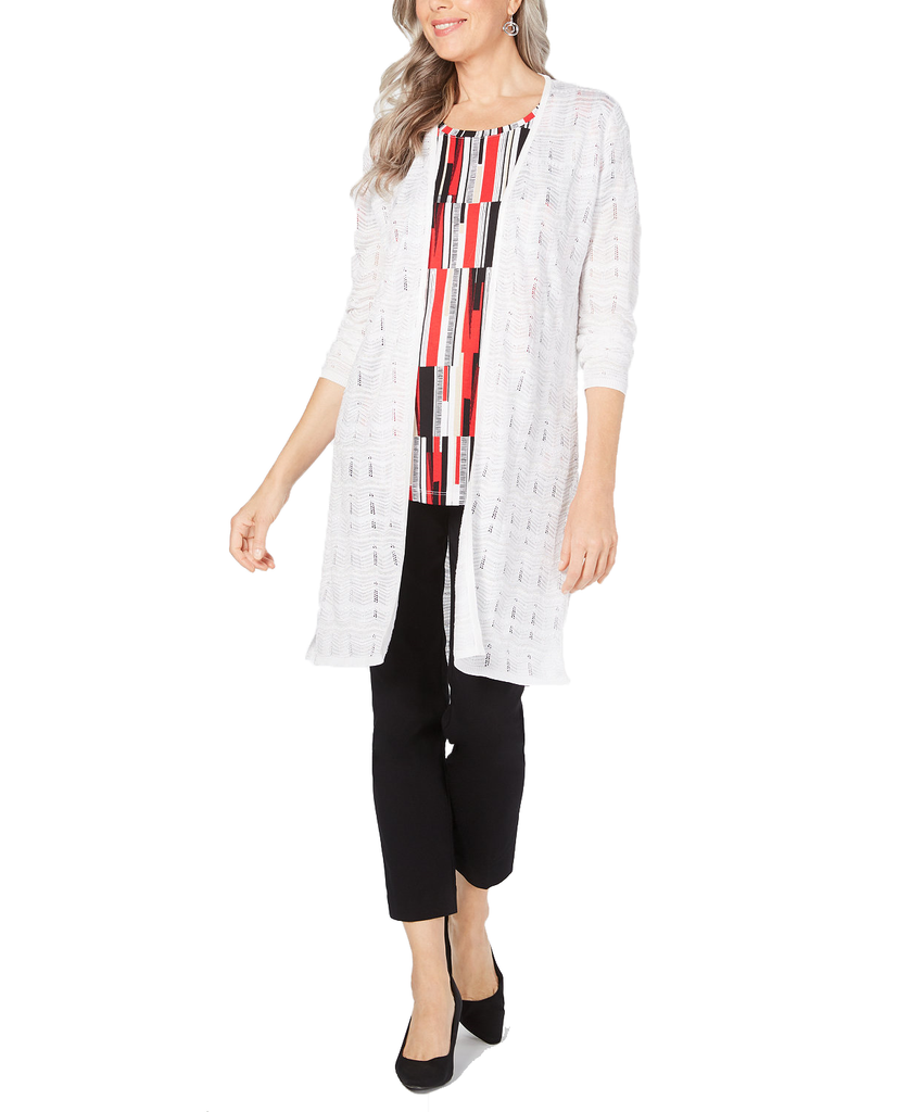 JM Collection Women Open Front Crochet Duster Cardigan Bright White