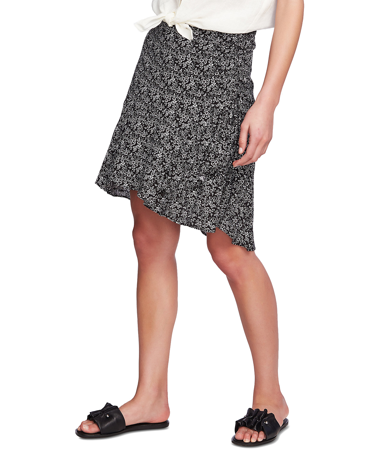 1.STATE Women Printed Ruched Faux Wrap Skirt Rose Linen
