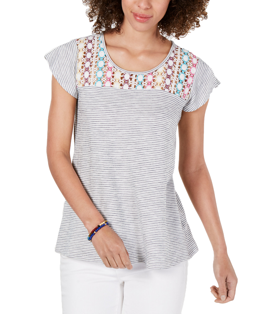 Style-&-Co-Women-Cotton-Crochet-Yoke-Striped-Top-Simple-Stripe