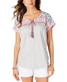 Style & Co Women Petite Printed Lace Up Top Summer Border