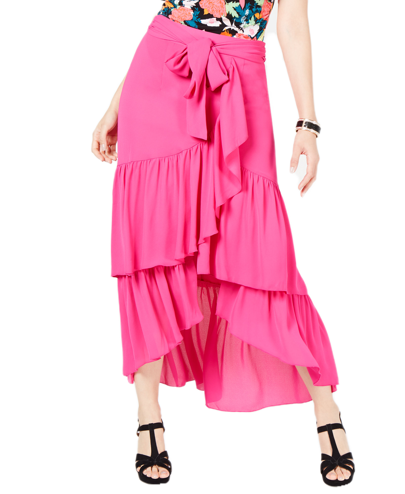 Thalia Sodi Women Printed Wrapped Ruffle Skirt Magenta