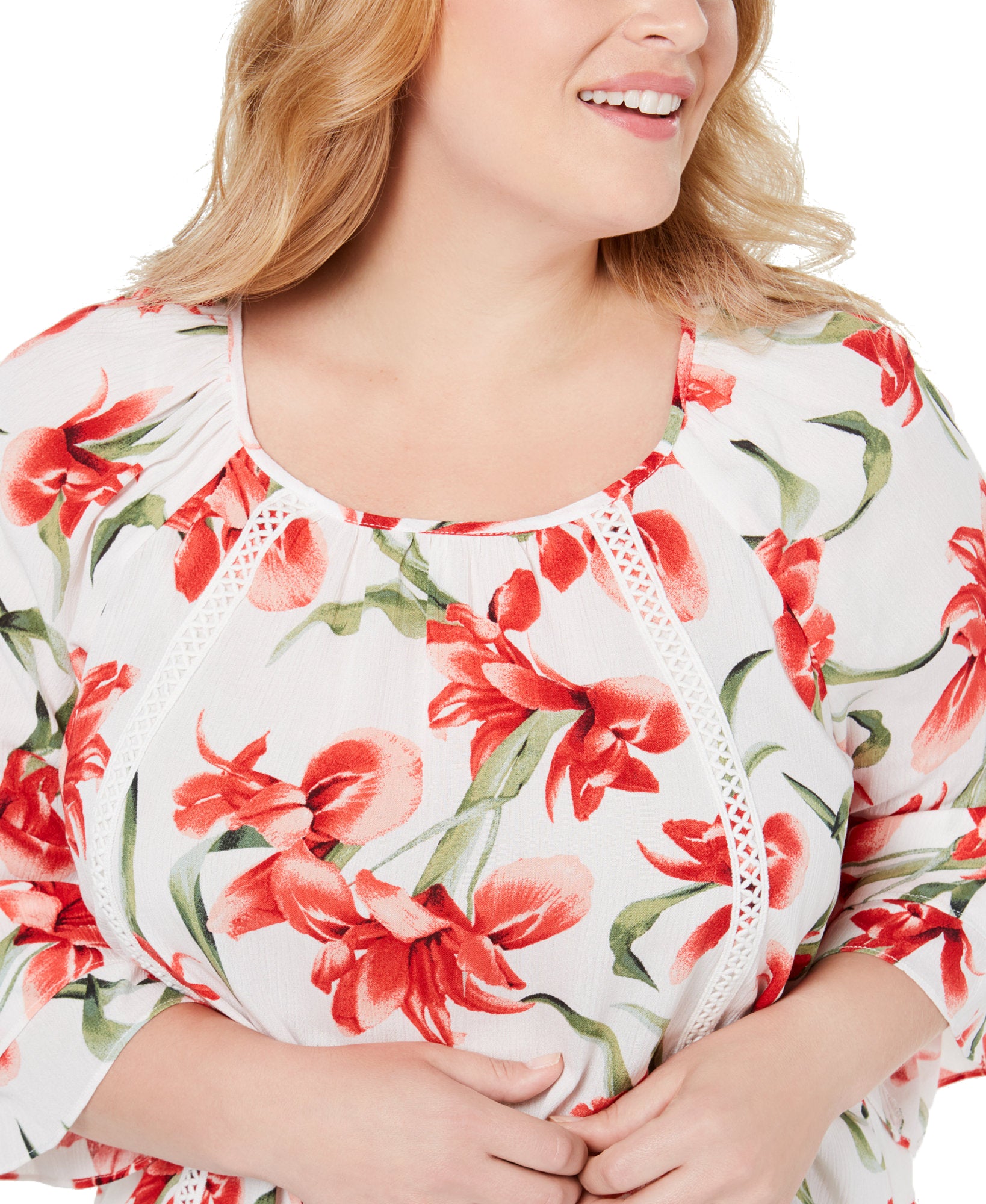 JM Collection Women Plus Floral Print Tie Hem Top