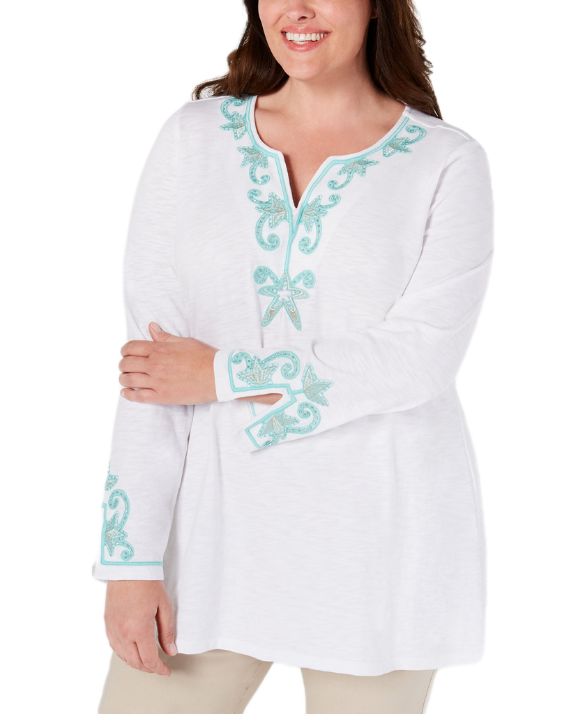 Charter Club Women Plus Cotton Beaded Embroidered Tunic Bright White