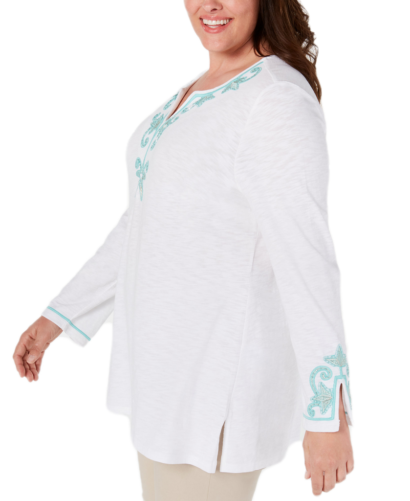 Charter Club Women Plus Cotton Beaded Embroidered Tunic