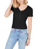 Planet Gold Women V Neck Henley Top Black