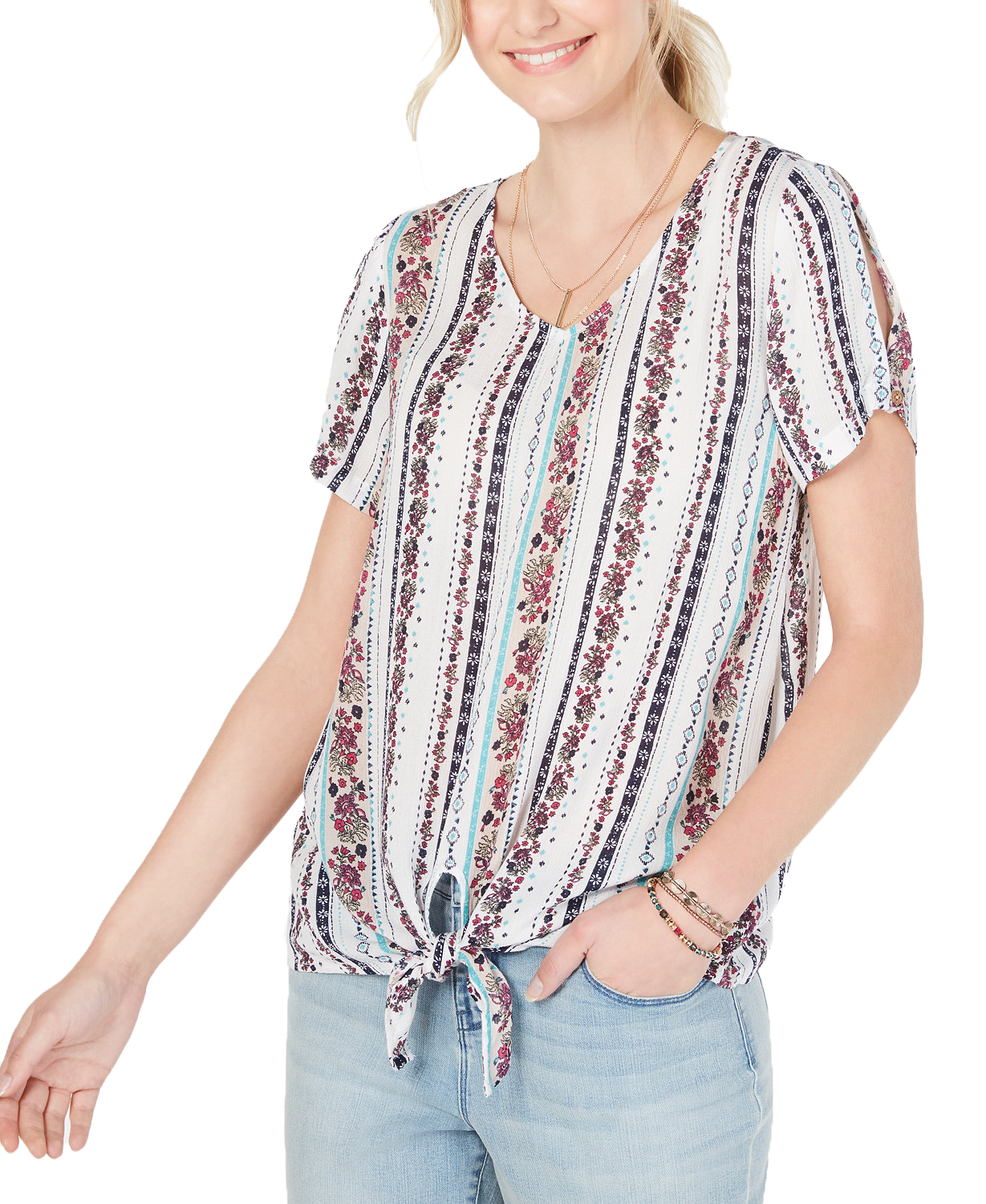 Style & Co Women Striped Knotted Split Sleeve Top Adieu Stripe