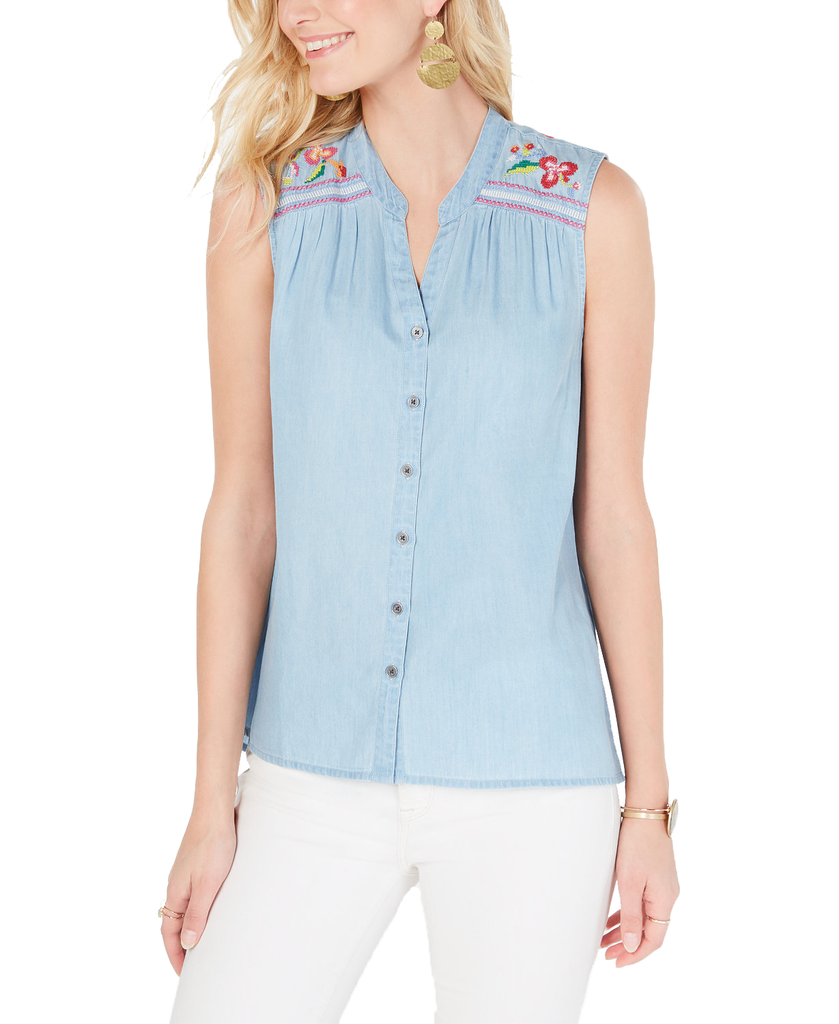 Style & Co Women Embroidered Button Up Top Electric Garden