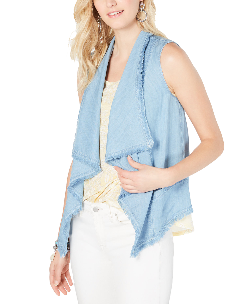 Style & Co Women Draped Front Frayed Hem Vest Light Sunwash