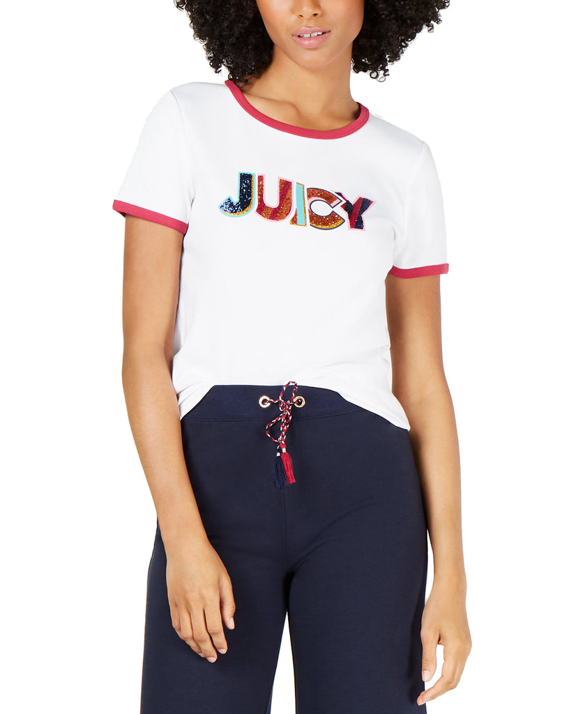 Juicy Couture Women Cotton Sequin Graphic T Shirt White