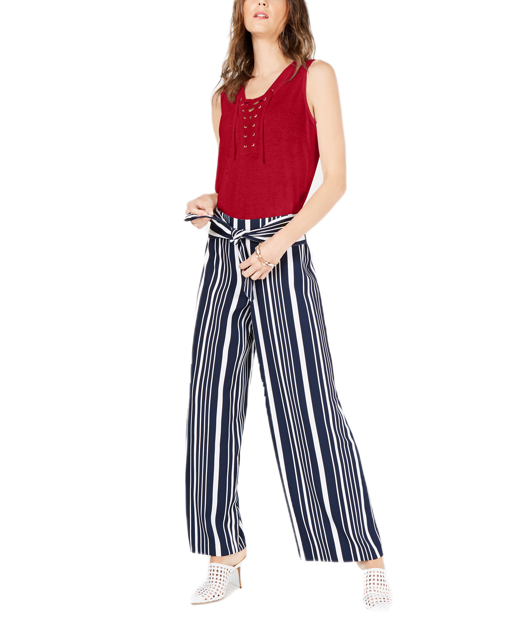INC International Concepts Women Lace Up Top Real Red