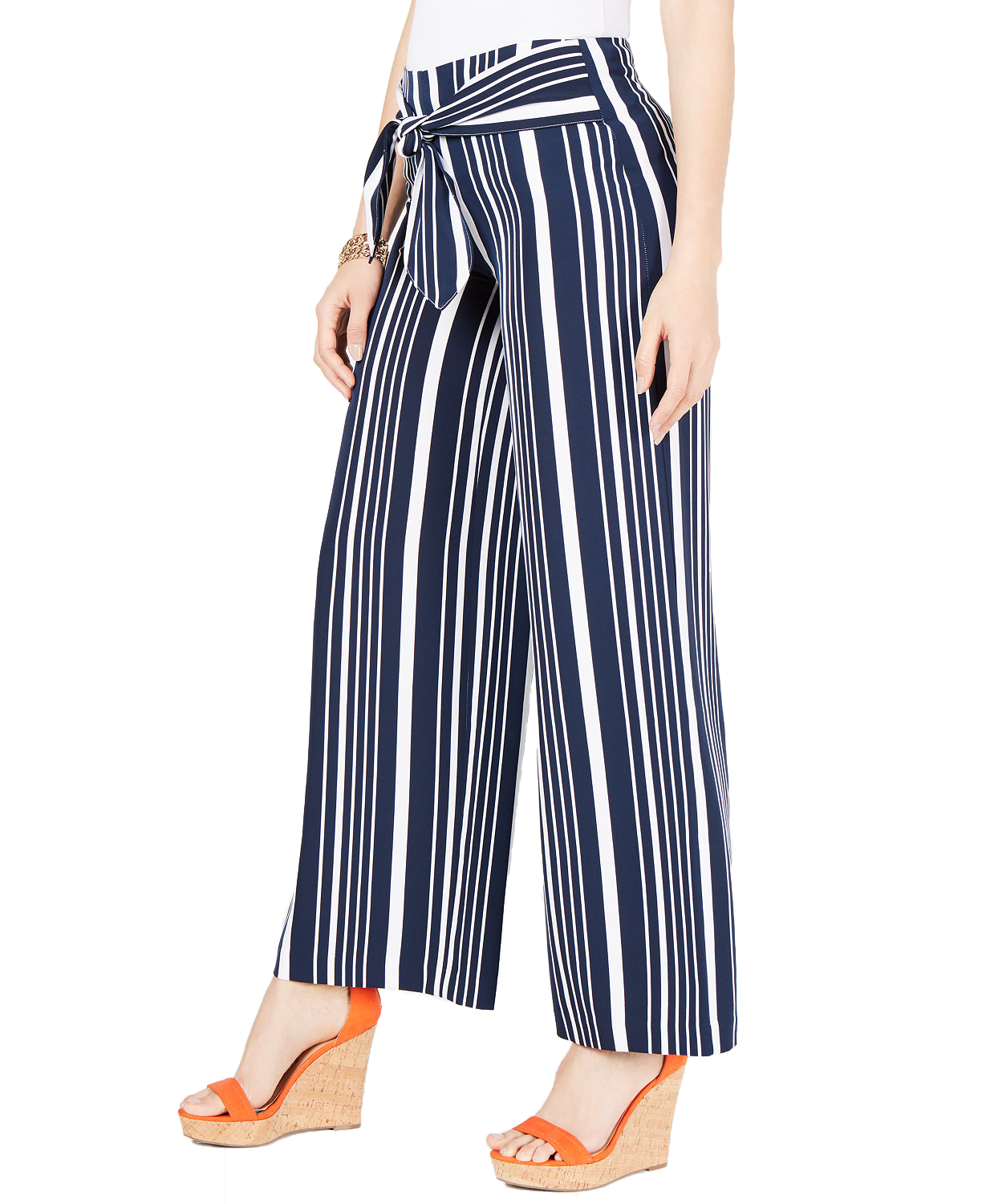 INC International Concepts Women Petite Striped Tie Waist Pants