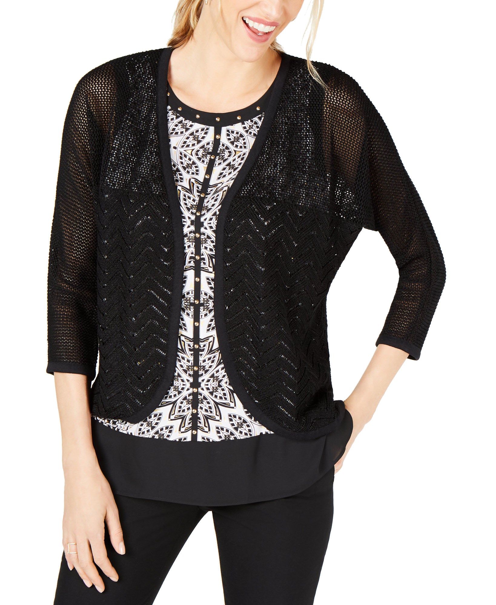 JM Collection Women Cotton Mixed Stitch Cardigan Deep Black