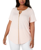 JM Collection Women Plus Metallic Trim Keyhole Top Peach Melba