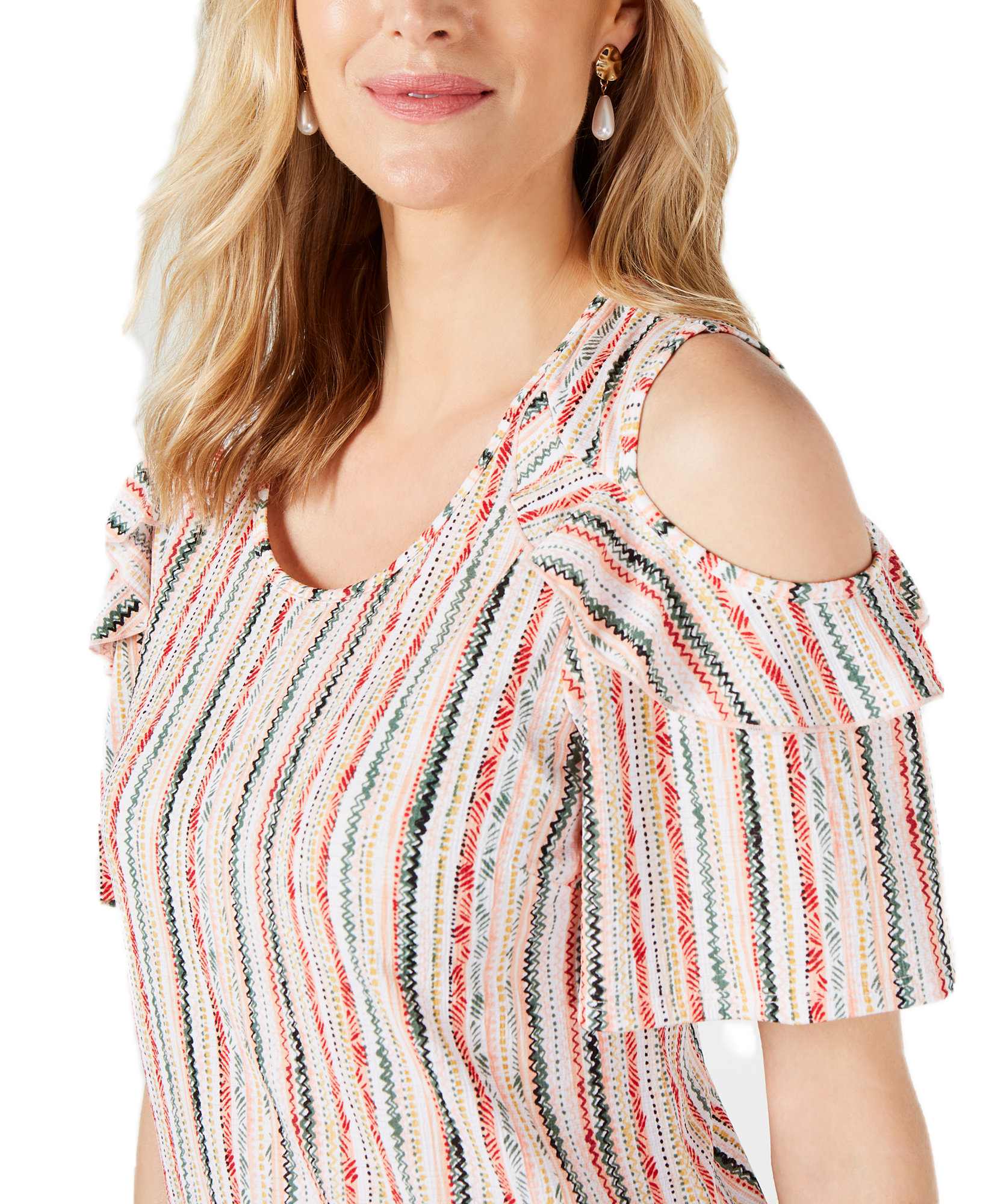JM Collection Women Ruffled Cold Shoulder Top