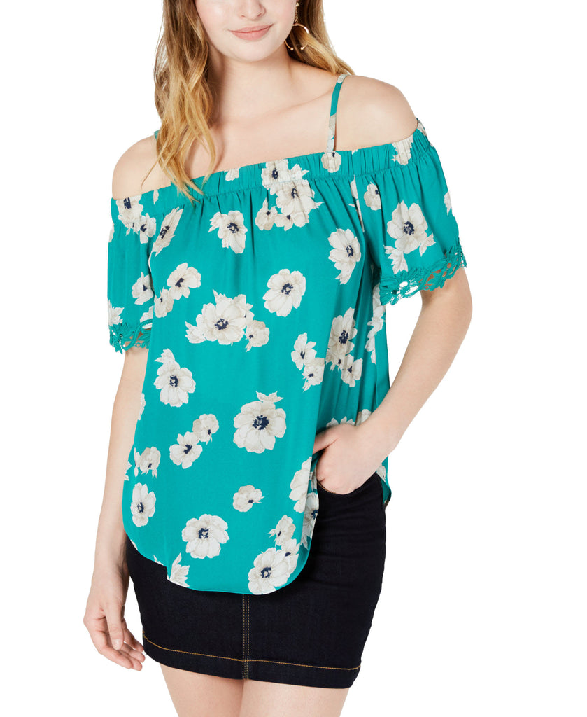 BCX Juniors Printed Crochet Trimmed Off The Shoulder Blouse Emerald Green And White Floral