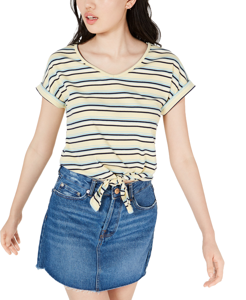 Hippie Rose Women Tie Front T Shirt Yellow Stripe