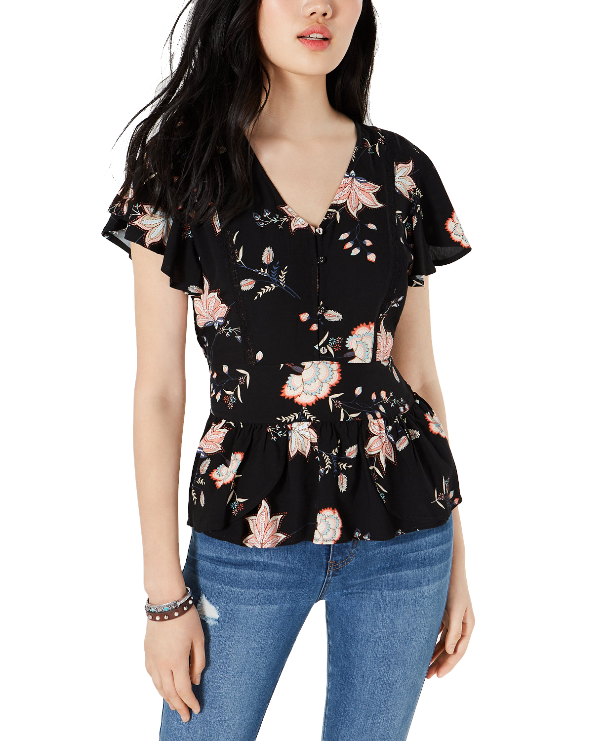 American-Rag-Women-Crochet-Trim-Peplum-Top-Black