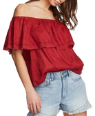 1.STATE Women Ruffled Off The Shoulder Linen Top Mineral Red