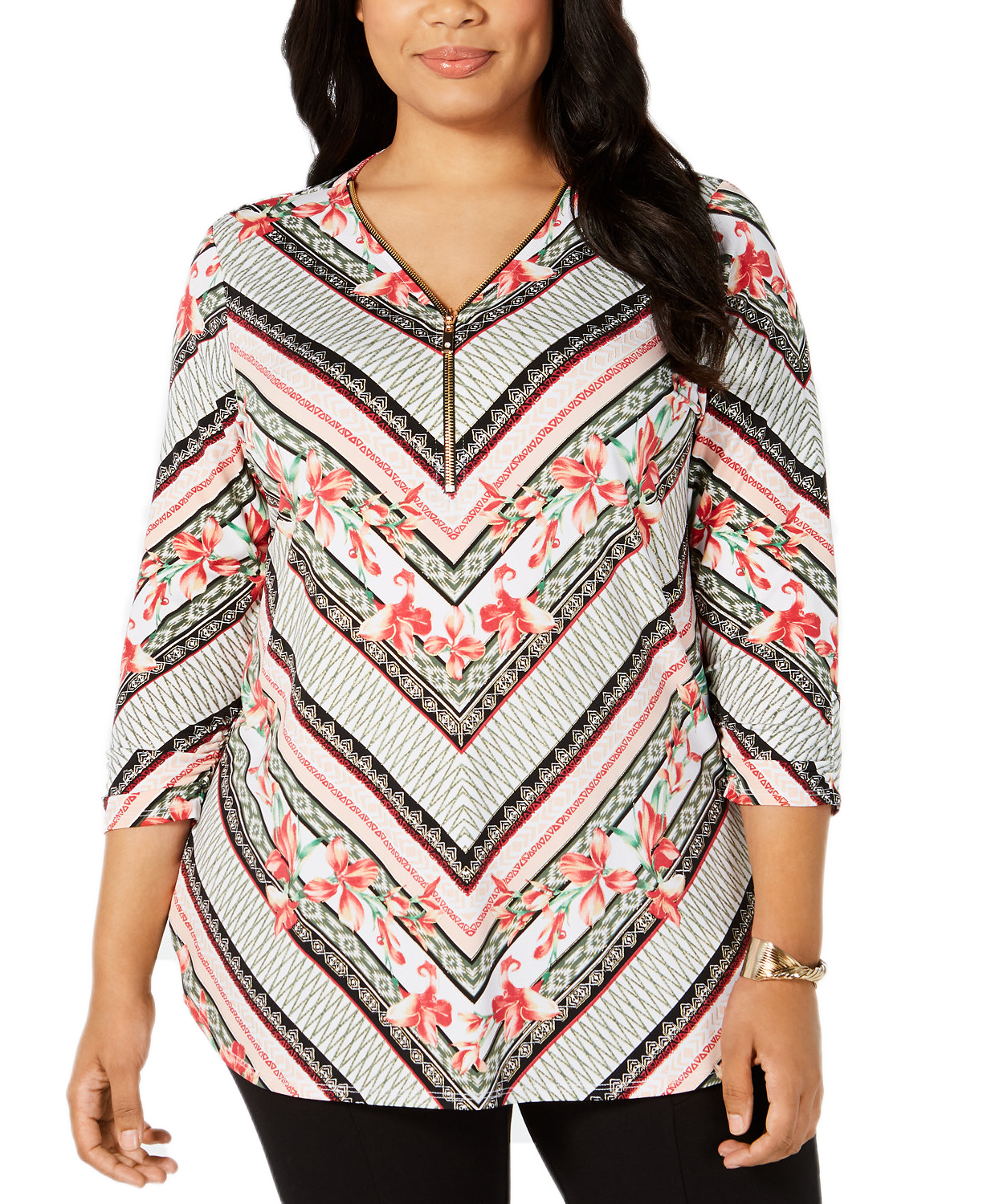 JM Collection Women Plus Zip Neck Tunic Mitered Vines