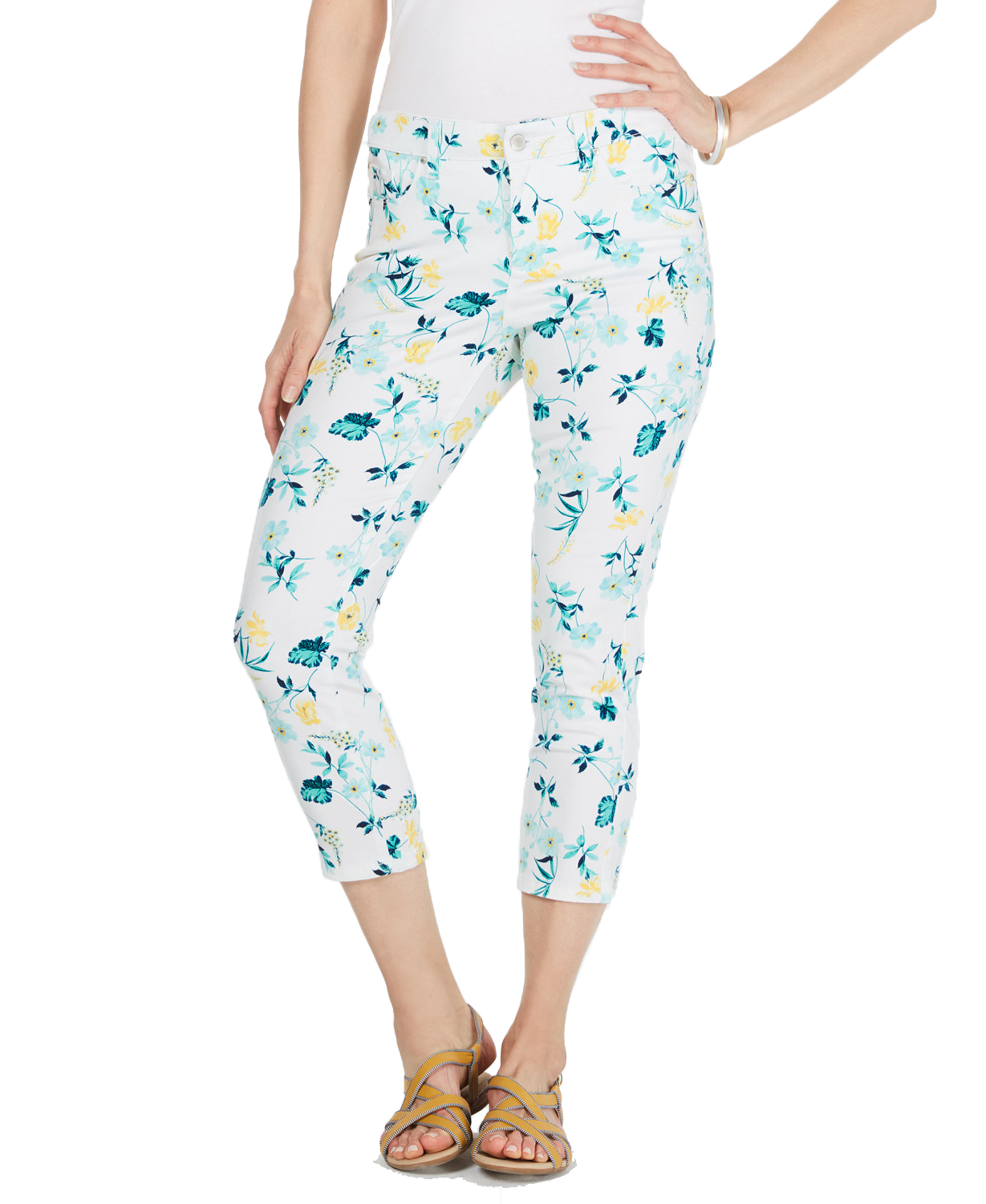 Charter Club Women Petite Tummy Control Floral Capri Jeans Turquoise Stone Combo