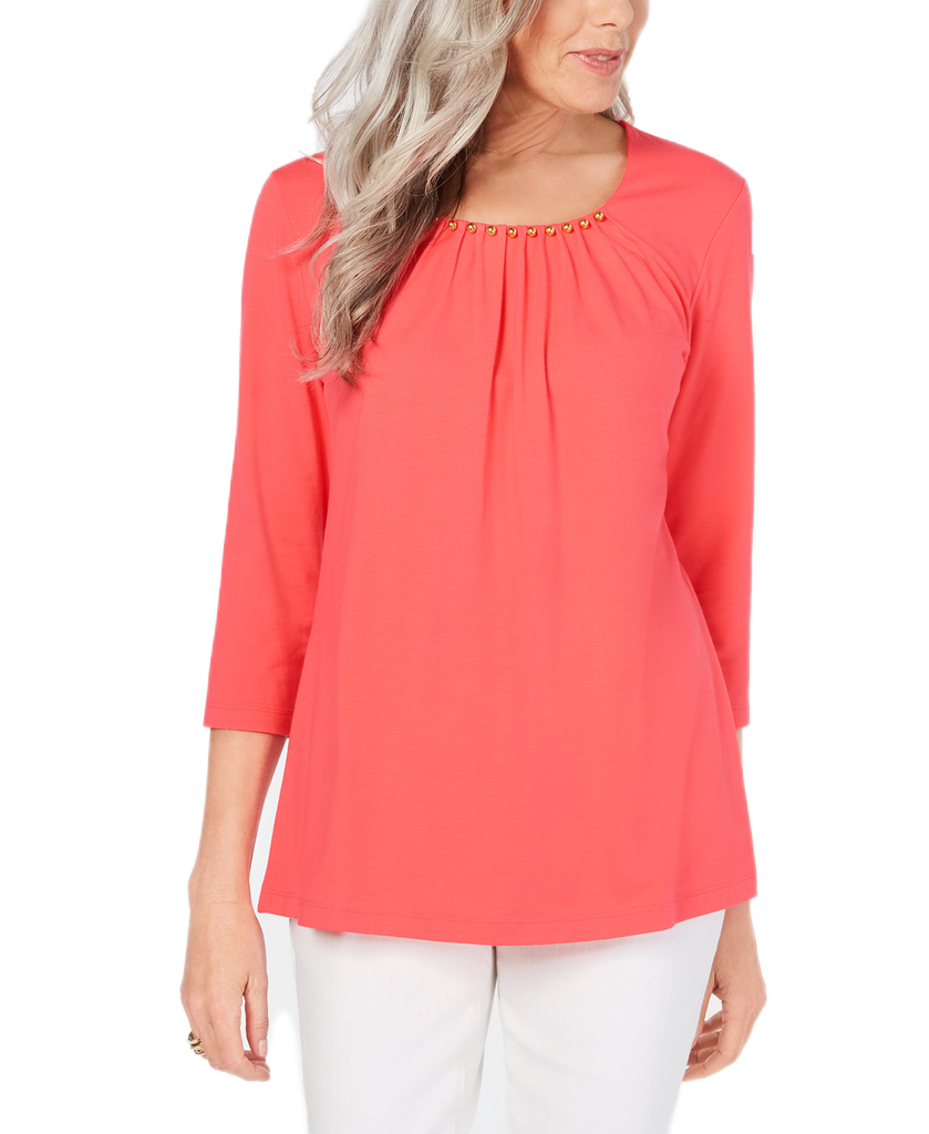 Karen Scott Women Beaded Scoop Neck Top Peony Coral