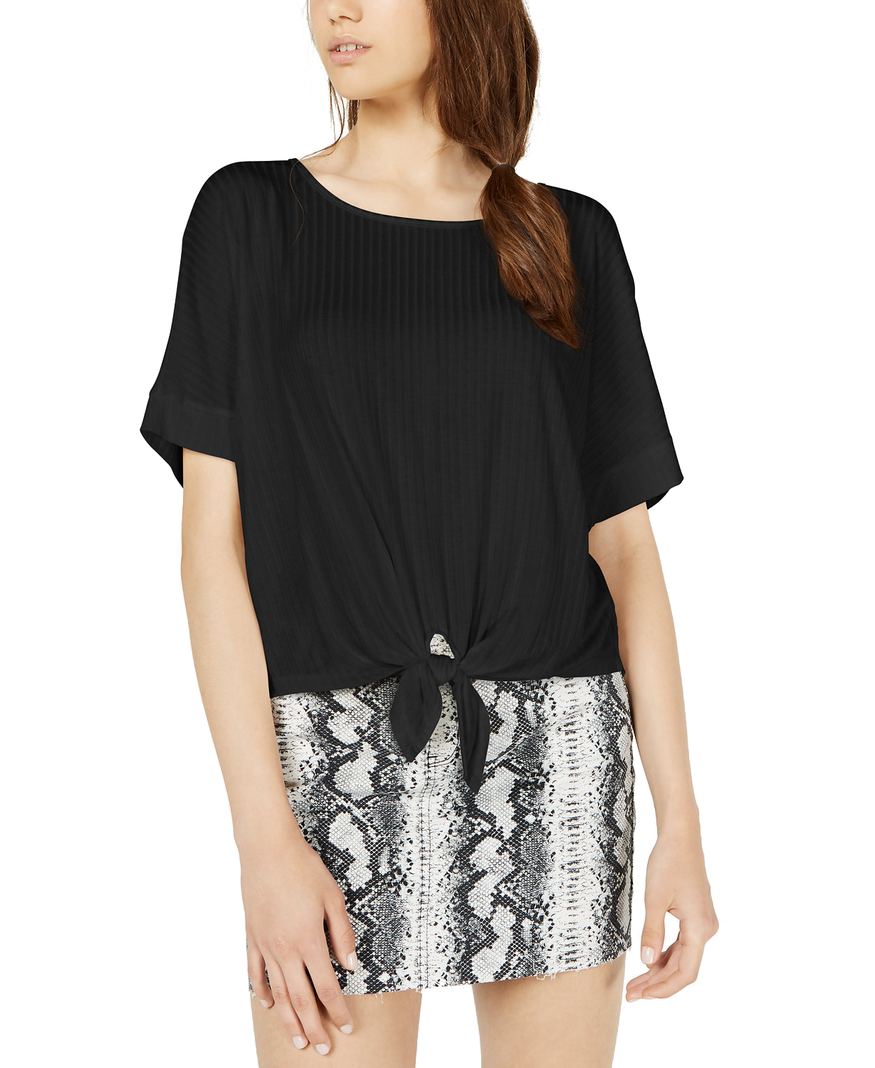Hooked Up by IOT Women Tie Front Dolman Sleeved Top Black