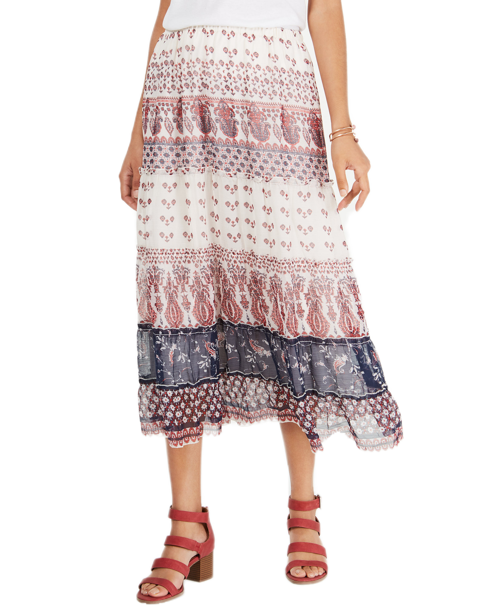 Style & Co Women Tiered Mixed Print Midi Skirt Paisley Print
