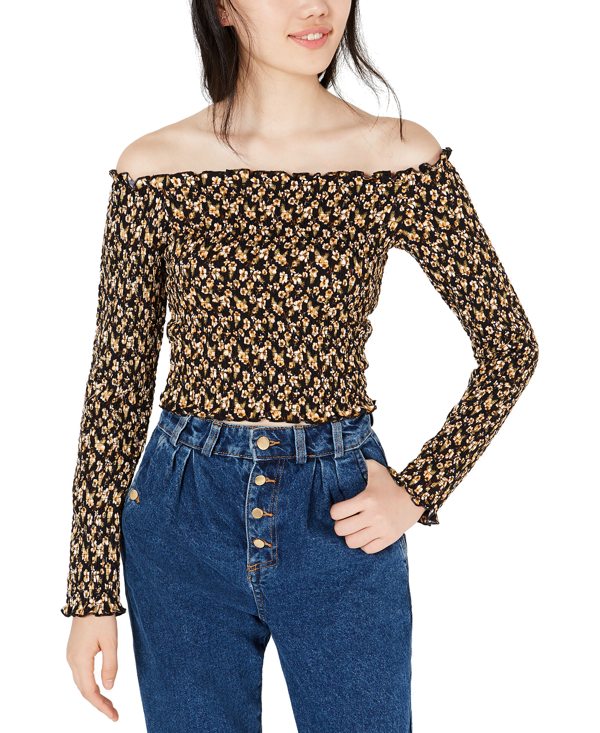 Self Esteem Women Printed Smocked Off The Shoulder Top Black