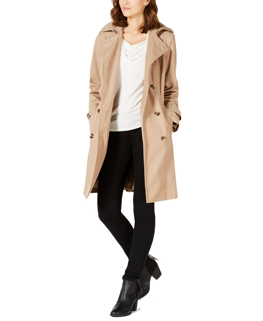 London Fog Women Double Breasted Water Resistant Hooded Trench Coat