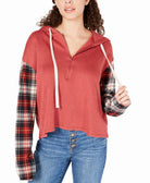 Rewash Women Plaid Sleeved Half Zip Hoodie Red Plaid