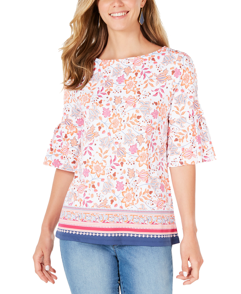 Charter Club Women Printed Bell Sleeve Top Bright White Combo