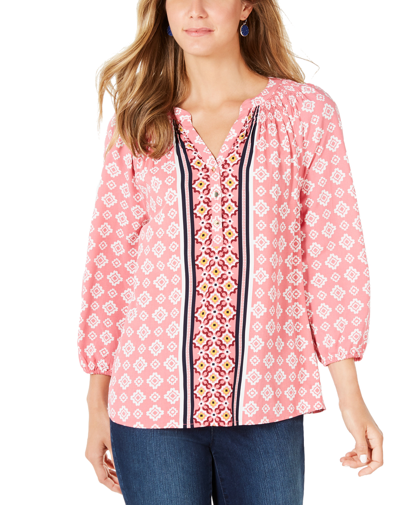 Charter Club Women Printed Split Neck 3 4 Sleeve Top Rapture Rose Combo