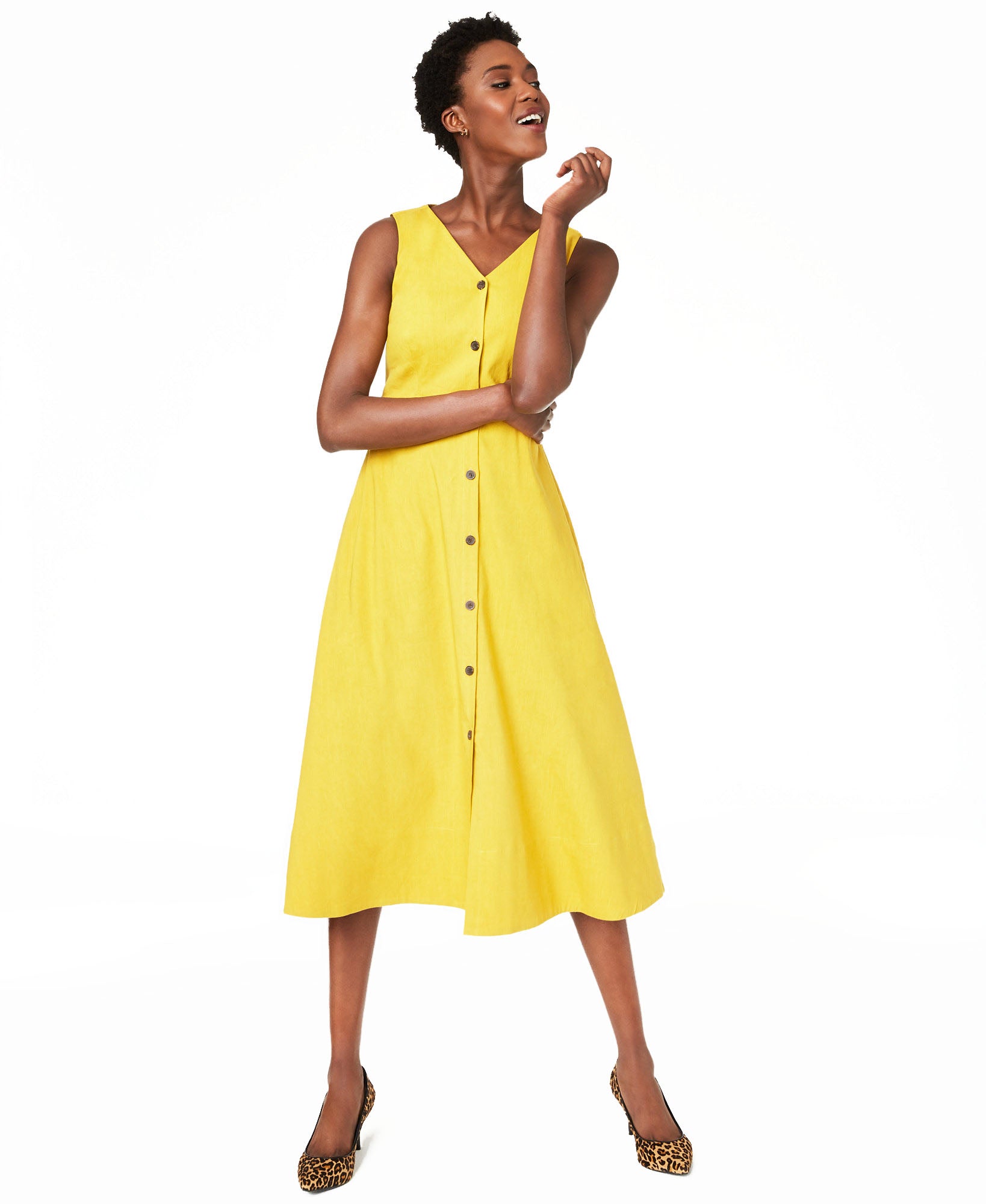 Alfani Women V Neck Sleeveless Button Down Dress Gold Sun