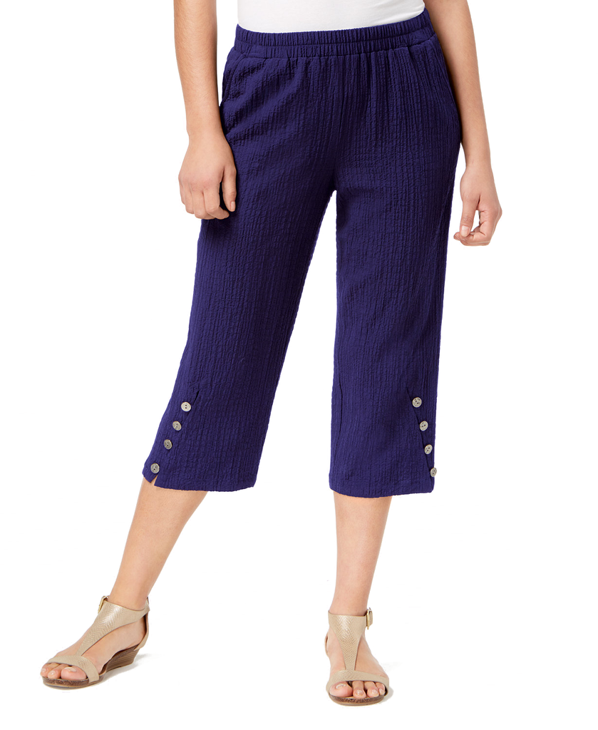 JM Collection Women Button Hem Capri Pants Intrepid Blue