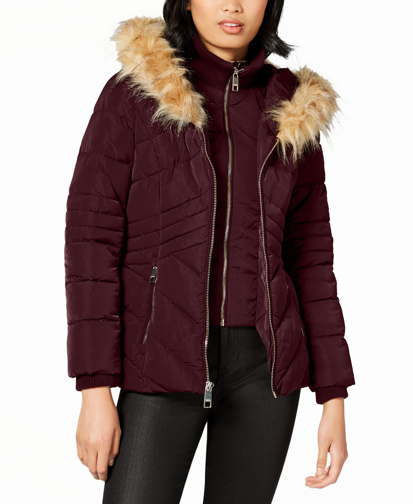 GUESS Women Faux Fur Trim Hooded Puffer Coat Burgundy