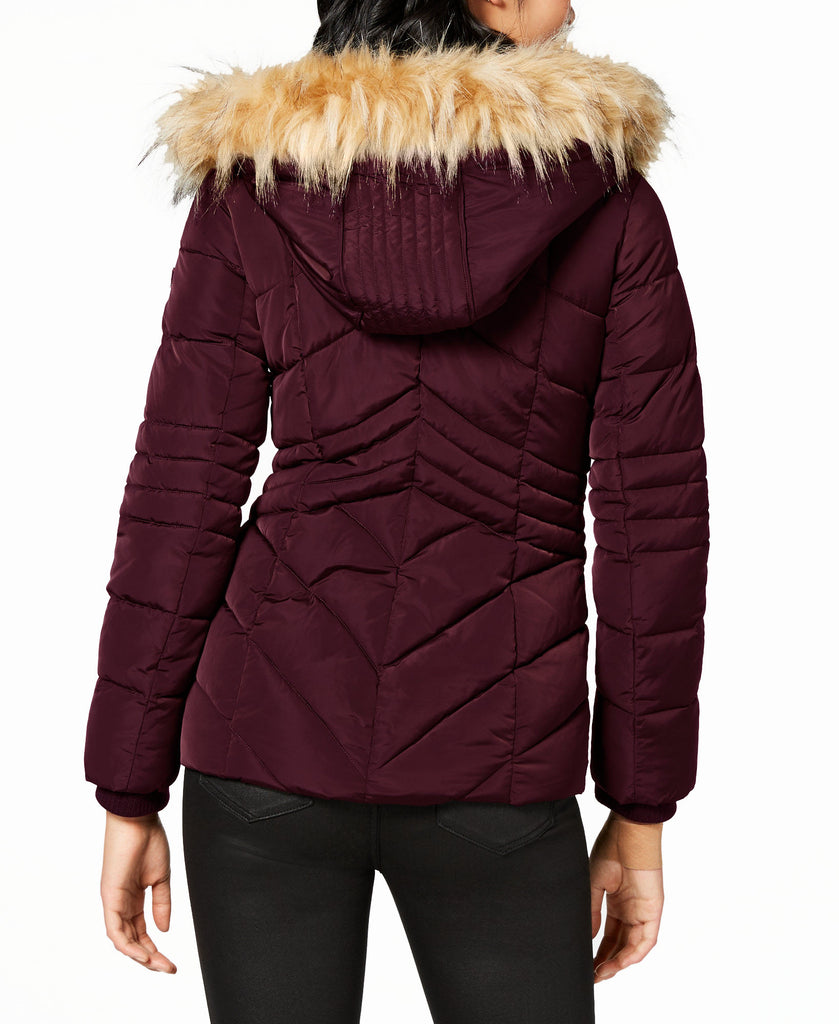 GUESS Women Faux Fur Trim Hooded Puffer Coat