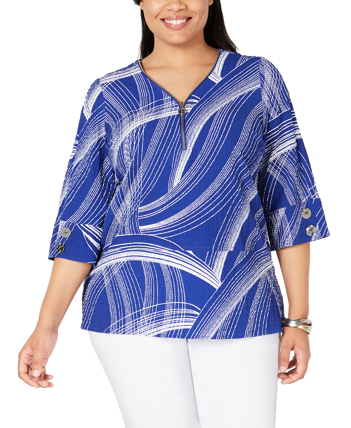JM Collection Women Plus Printed Zip Front Top