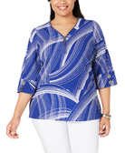 JM Collection Women Plus Printed Zip Front Top