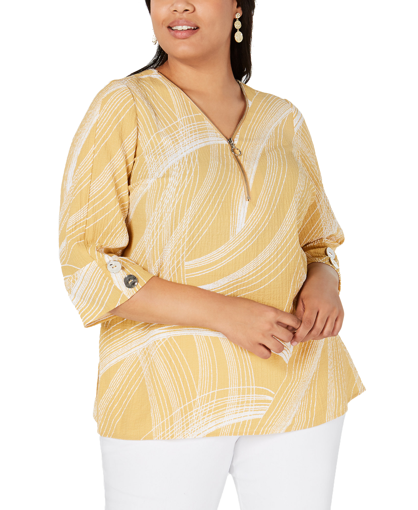 JM Collection Women Plus Printed Zip Front Top Saffron Gold Linear Flow