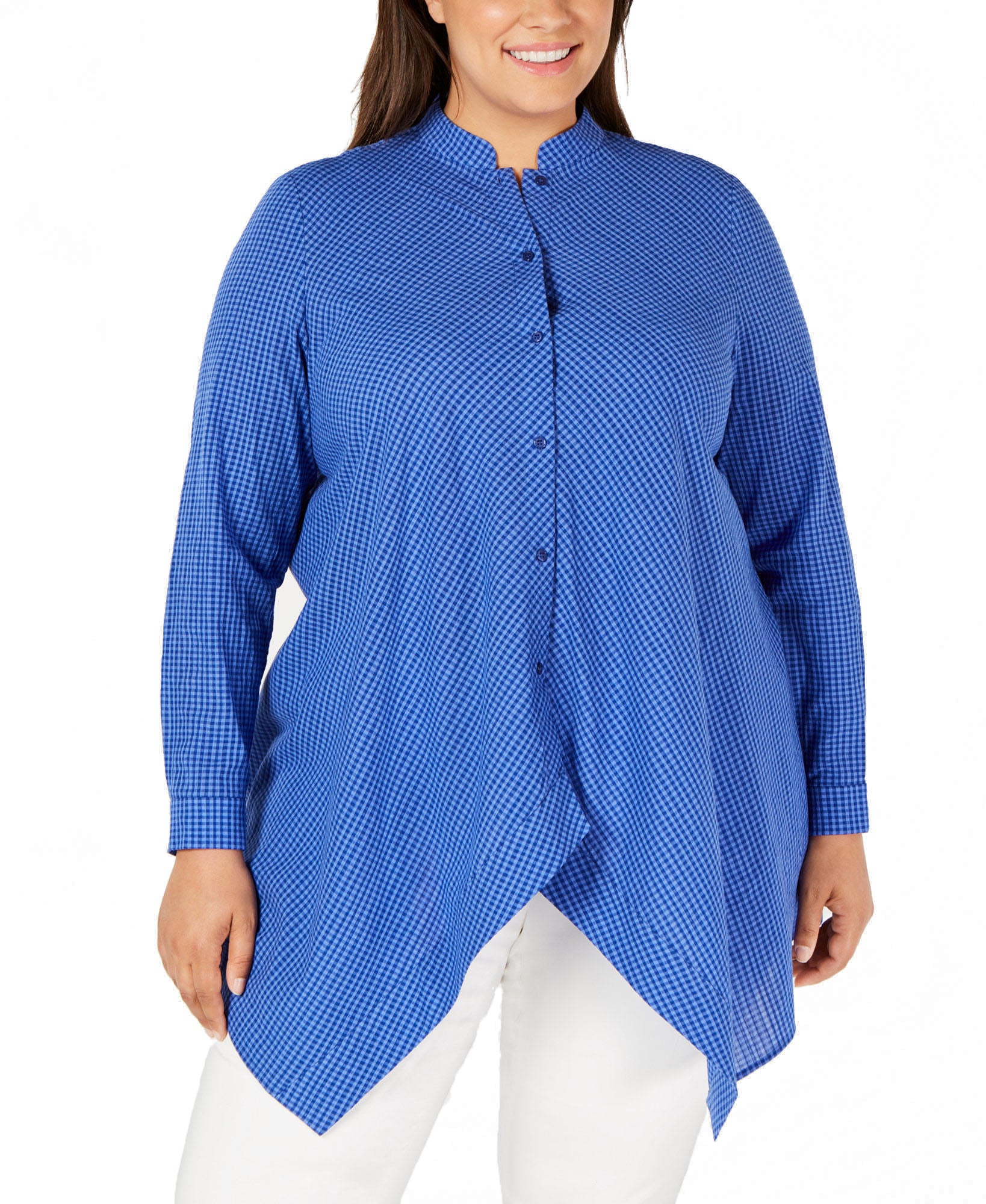 Anne Klein Women Plus Button Front Handkerchief Hem Cotton Top Cezanne Blue Combo