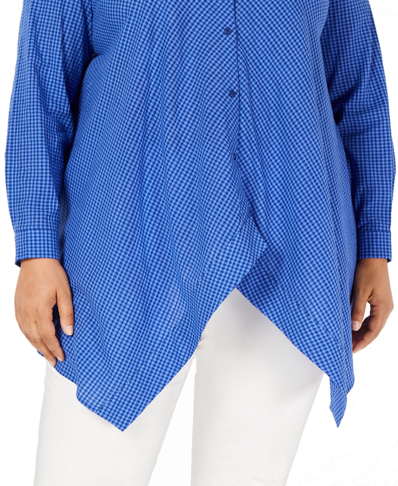 Anne Klein Women Plus Button Front Handkerchief Hem Cotton Top