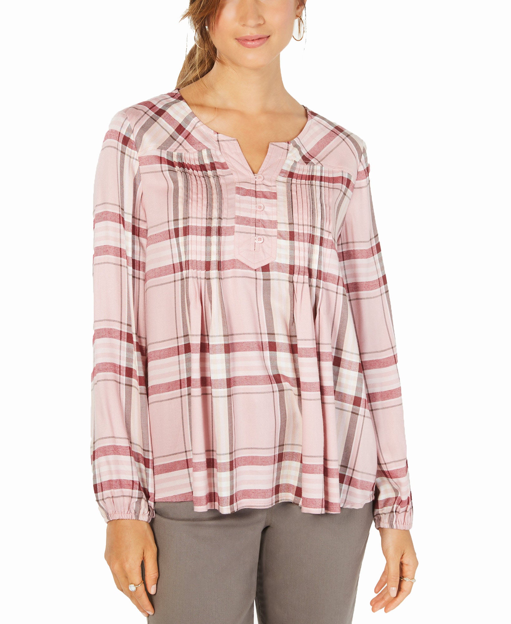 Style & Co Women Plaid Split Neck Top Cavern Plaid